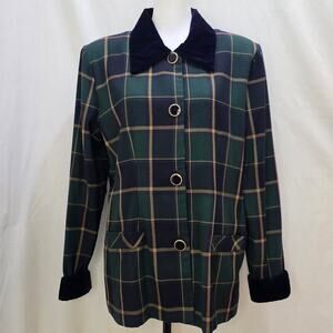 Sunshine Starshine Vintage 80s 90s Green Plaid Velvet Trim Power Jacket, Size 14